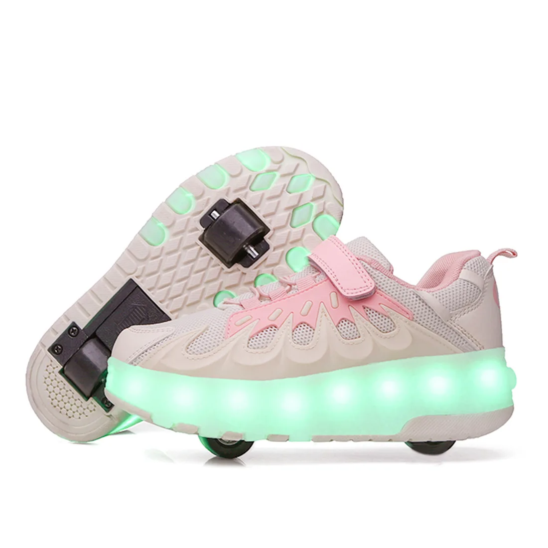 

With USB Children LED Shoes Two Wheels Fashion Breathable Air Mesh Boys & Girls Kids Roller Sneakers Size 28-40