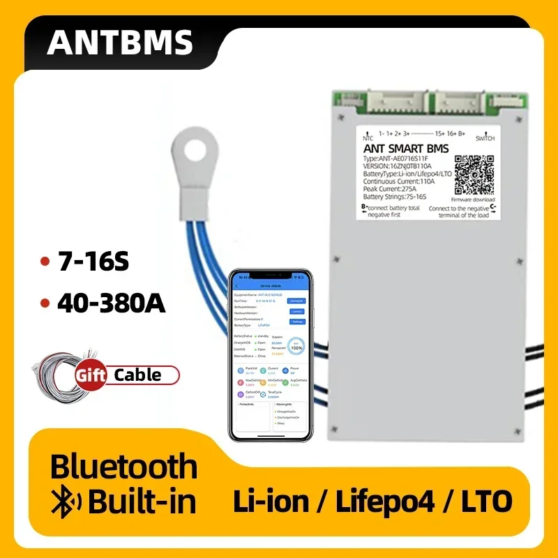 Smart bms 7S 8S 10S 12S 13S 14S 16S ant bms Li-Ion LiFePo4 LTO 40A 80A 180A 240A 380A bluetooth Встроенный 24 в 36 в 48 в 60 в баланс
