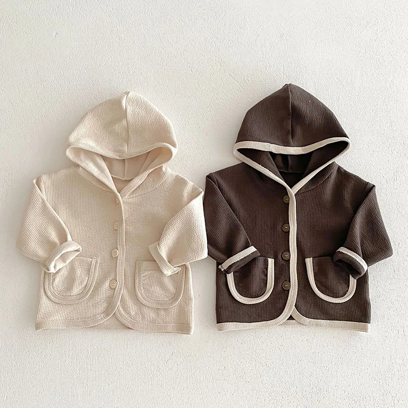 New Spring Korean Style Infant Baby Boys Girls Cardigan Long Sleeved Solid Color Hood Waffle Cotton Newborn Baby Coat