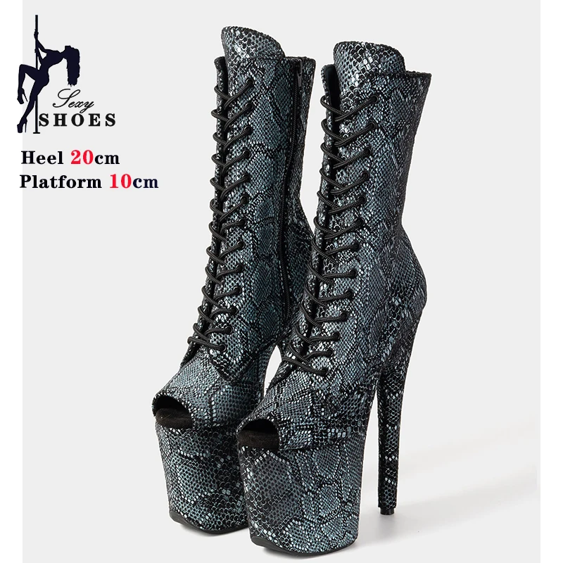 20CM/8inches Snake Upper Women Boots Platform Stripper Pole Dancing Shoes Lace-up Zip Sexy Exotic High Heel Party Boot Female