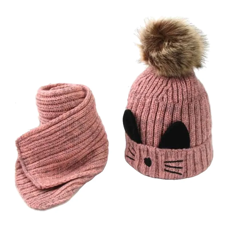 

Cute 3-10yrs Kids Knit Fleece Hat Scarf Winter Cap Boys Girls Warm Cat Ears Hat Yellow Red Blue Grey Pink Black