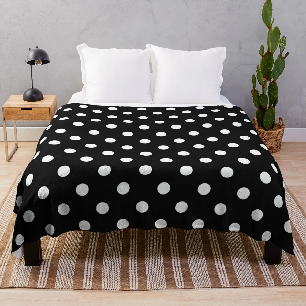 

White Polka Dots on Black Throw Blanket Picnic Blanket Sleeping Bag Blanket