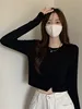 Trendy Hot Girl Bla Long Sve Women's T-irt High Waist Crop Top Base irt INS Faionable Inner Wear Straight Cut Daily