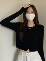 Trendy Hot Girl Bla Long Sve Women's T-irt High Waist Crop Top Base irt INS Faionable Inner Wear Straight Cut Daily