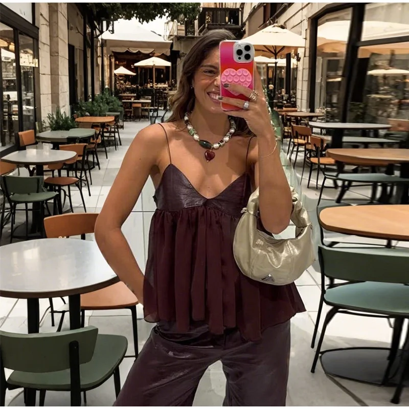 Description Picture 5 of itemPU Leather Patchwork Halter Top Female V-Neck Backless Vest Pleated Loose Casual Camisole Lady Beach Bikini Suspender Waistcoat