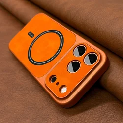 Premium Matte Magnetic Phone Case with Luxury Artificial Leather Finish and Wireless Charging Compatibility - iPhone 15 (Orange)