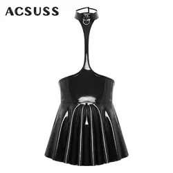 Womens Halter Sexy Club Latex Dress with 2 Press Buttons Open Chest Halter Ruffled Wet Look Patent Leather Latex Dress Clubwear
