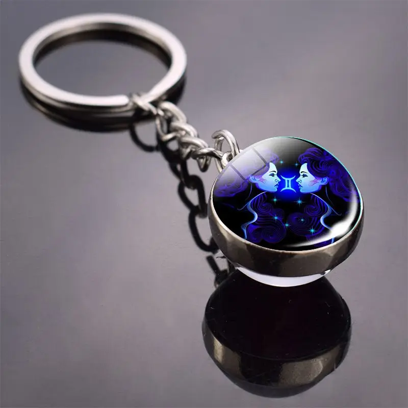 Key Chains 12 Constellation Key Chain Luminous Double Sided Glass Ball Pendant 12 Zodiac Key Chain Fashion Birthday Gift for Men and Women