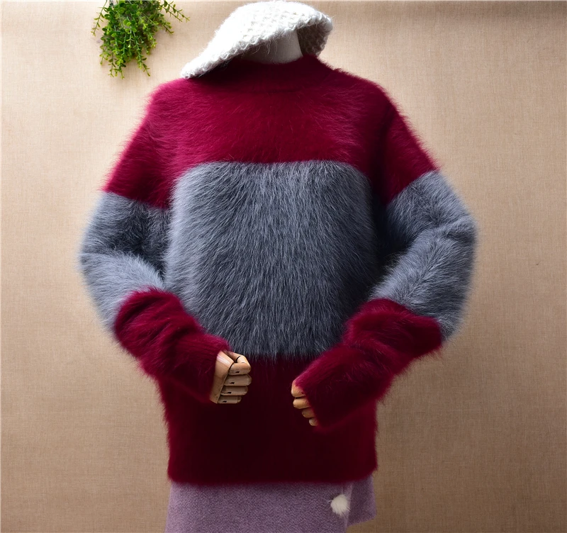 

Female Women Fashion Colored Hairy Plush Mink Cashmere Knitted Warm Long Sleeves Loose Blouse Pullover Angora Fur Jumper Sweater