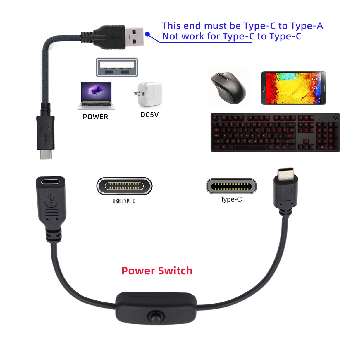 Cablecc USB Type C Male to Female USB-C Cable for Laptop Keyboard Raspberry Pi 4B with On Off Power Switch Button