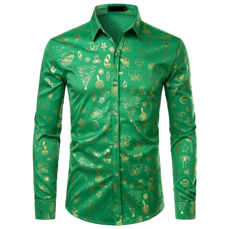 

Green Christmas Party Shirt Men Chemise 2023 Funny Xmas Gift Printed Mens Dress Shirts Long Sleeve Button Down Top Blouses XL
