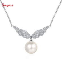 

Smyoue Total 0.75CT Moissanite Pendant Angel Wing Luxury 10mm Flawless Pearl Necklace Women 925 Sterling Silver Clavicle Chain