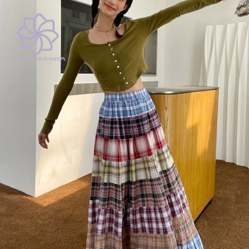 

Chic Checkered Printed Patchwork Skirt for Women Spring Autumn New Retro High Waisted Long Skirts Female