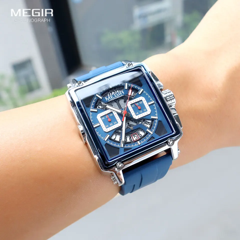 MEGIR - Orologio da polso da uomo con cinturino in pelle, analogico, al quarzo, luminoso, rettangolare 2028nero : MEGIR
