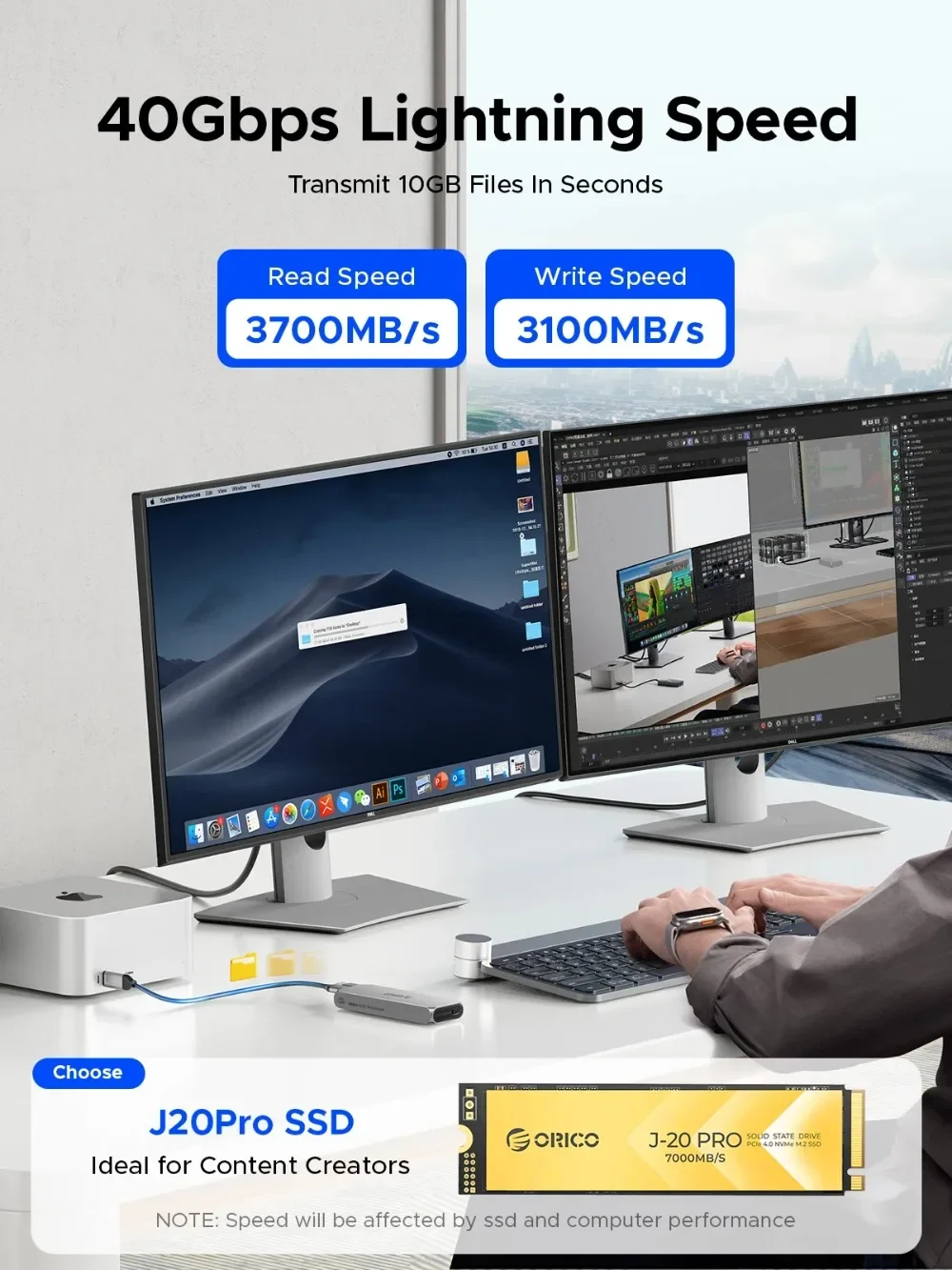 ORICO 40Gbps NVME SSD 케이스 M.2 NVMe 인클로저 썬더볼트 4/3 M.2-USB4.0 어댑터(냉각 팬 포함) 데이터 저장 알루미늄 케이스