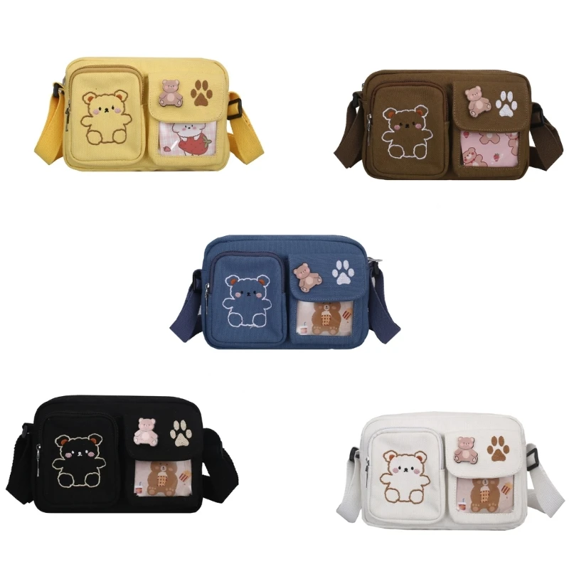 

Bear Embroidery Crossbody Bag Small Canvas Shoulder Purse with Multipockets Cartoon Pattern Bag for Teen Girls E74B