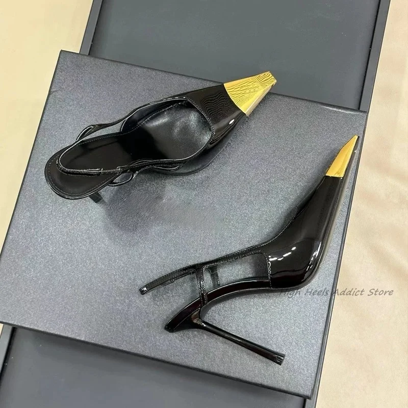 Chic Black/Gold Square Toe Leather Pumps Sexy High Heels Women's