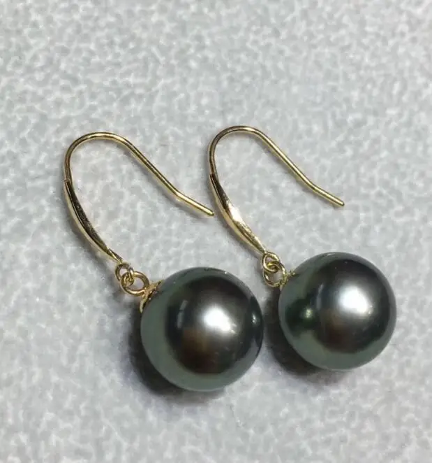

free shipping Noble jewelry beautiful NATURAL Tahitian black green 9-10mm earring 18k gold
