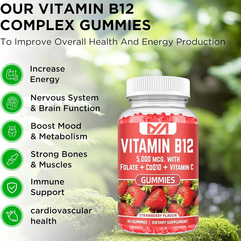 Complejo de vitamina B12, Adenosyl B12 e hidroxi B12, con coenzima Q10, folato, vitamina C, B 12 para soporte energético y Salud ósea