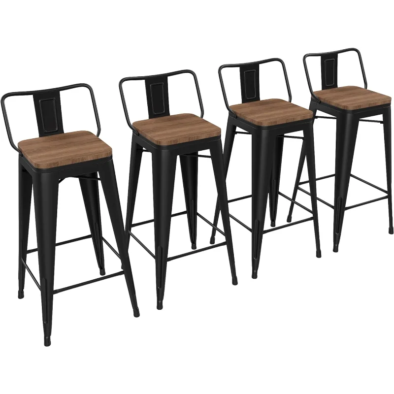 Yongchuang 30 inch Bar Stools Set of 4  Height Metal stools with Wood Seat Low Back Kitchen  Chairs Matte Black