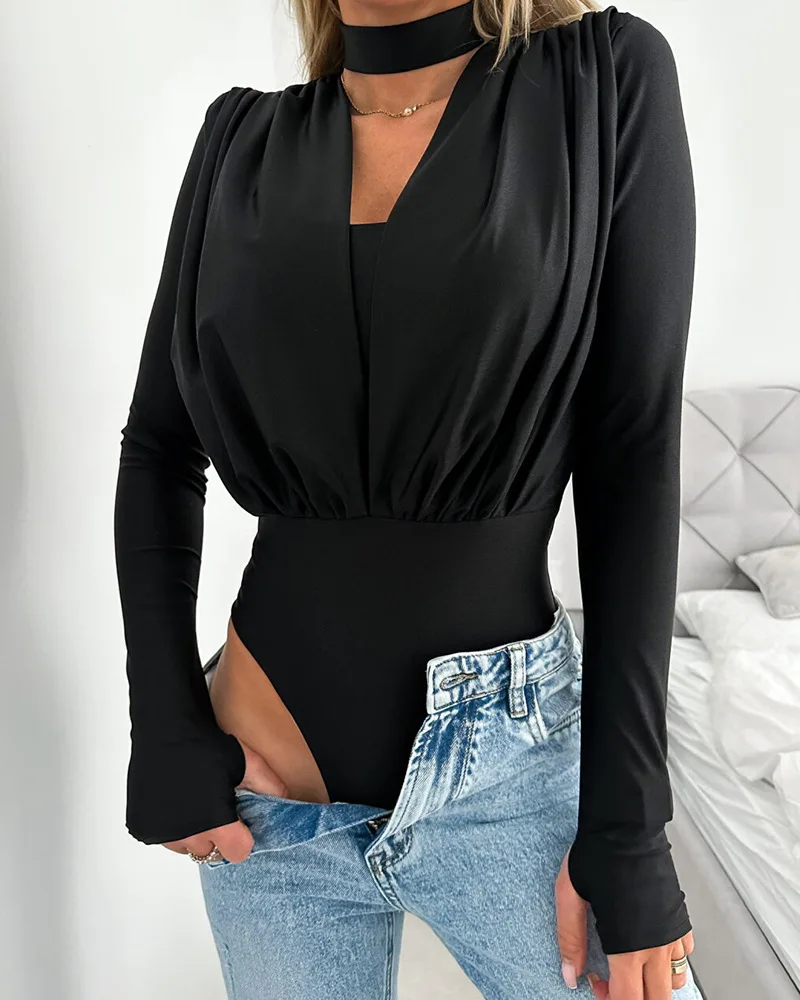 Damen Frühling Neuer Stil Sexy V-Ausschnitt Figurbetontes Basisschicht-Patchwork Langarm-Jumpsuit Einfarbig Innenfutter Lässiger Doppellagiger Hochgeschnittener Overall – Detail 3