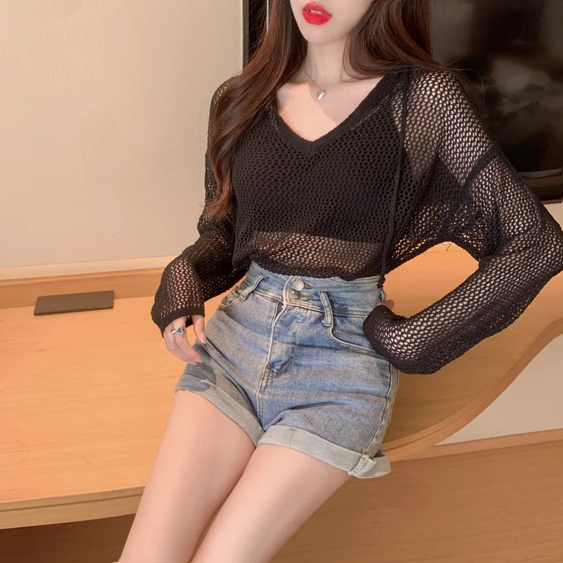 

Ladies Fashion Mesh Hollowed Out See-through Pullover Sweater Women Clothes Girls Casual Sweaters Female Clothing BVy6725