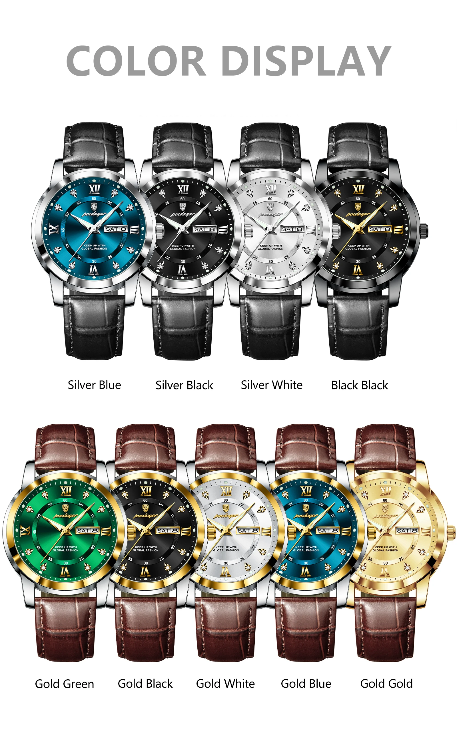 POEDAGAR Luxury Business Male Clock Date Week Waterproof Luminous Gold Men Wristwatch Casual Fashion Quartz Men's Watches Reloj
