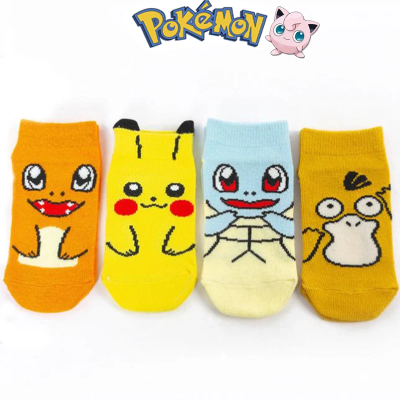 

4Pcs/set Pokemon Pikachu Cotton Socks Cute Anime Figure Psyduck Cartoon Character Model Printed Surrounding Kids Apparel