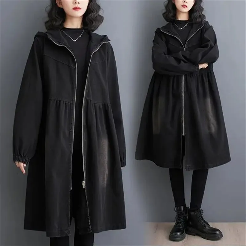 

Vintage Washed long Denim Windbreaker women autumn winter new Casual hooded zipper jeans Trench Coat female Loose overcoat T017