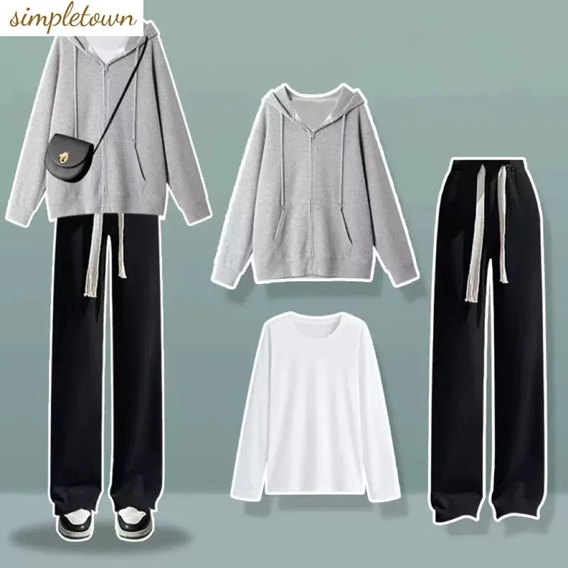 2023 Autumn/Winter Academy Style Fashion Set Korean Loose Sweater+T-shirt+Wide Leg Pants Three Piece Set Fashion