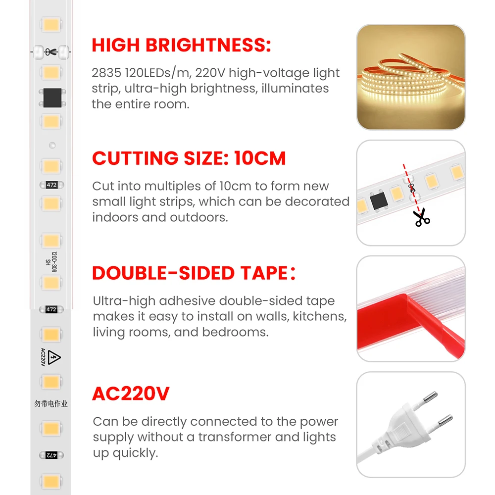 220V 디밍 가능 LED 스트립 라이트 10cm 절단형 디머 스위치 전원 키트 방수 접착 테이프 플렉스 120LEDs/M 리본형 따뜻한 자연광 백색