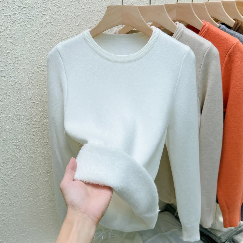 Autumn and Winter Women's O Neck Slim-fitting Long-sleeved Sweater Solid Color Elegant Fashion Knitwear Integrated Fleece Top