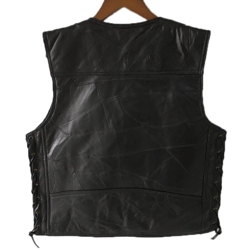 1PCS Punk Biker Vest Lace Button Autumn Sleeveless Jacket For Men Black Leather Polyester Motorcycle Vest For Men