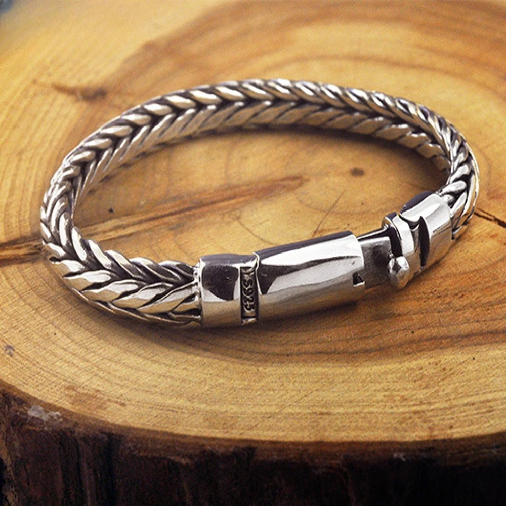 

Mencheese New Real Solid S925 Pure Silver Hand Woven Vintage Mighty Men Bracelet Birthday Gift
