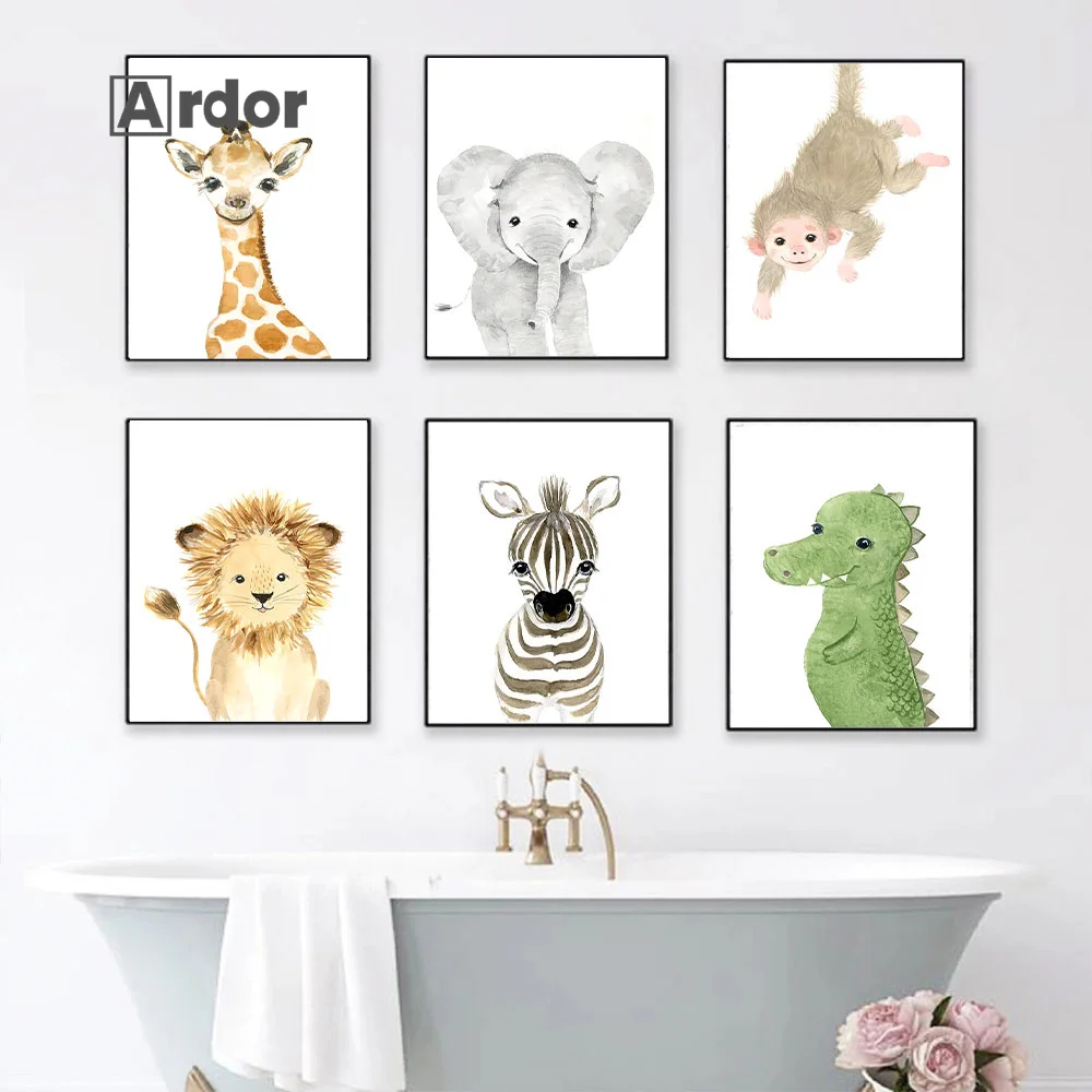 

Baby Animals Elephant Giraffe Lion Monkey Wall Art Canvas Painting Prints Nordic Poster Nursery Wall Pictures Kids Room Decor