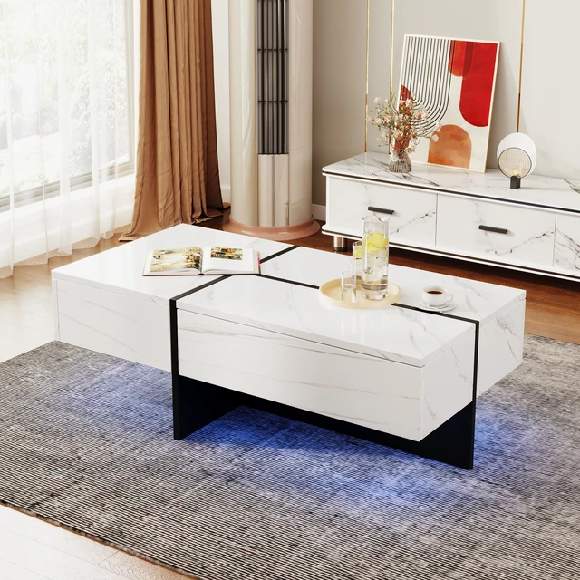 Table basse en marbre blanc 100x50x34.5cm, bureau à thé, meubles de salon avec système d'éclairage LED contrôlé par application pour la maison 1