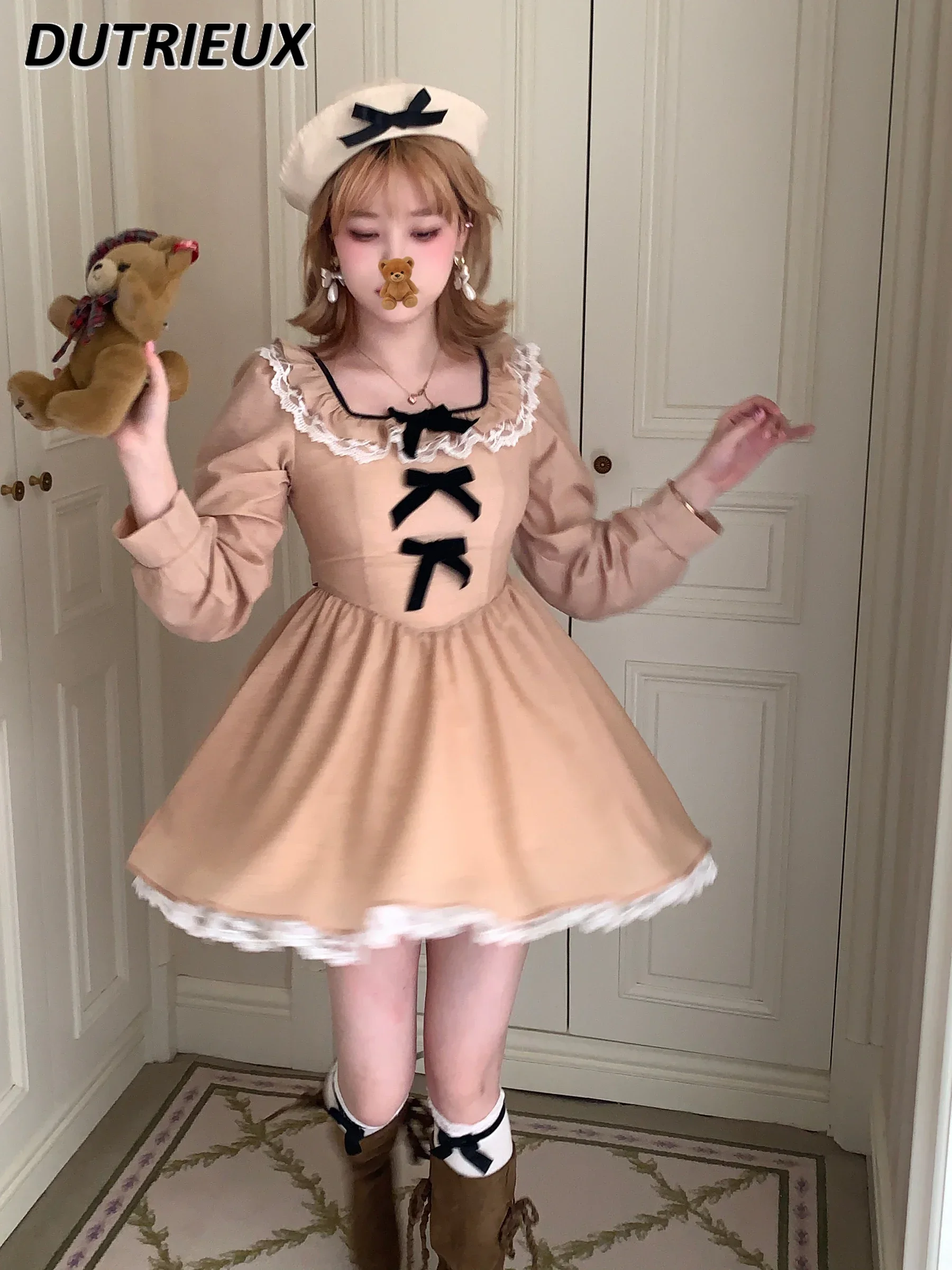 

Spring and Autumn New Sweet Girls Lace Peter Pan Collar Dress Waist-Controlled Long Sleeves Pink Short Dress for Women