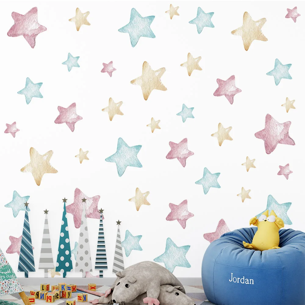 51 шт. разноцветные акварельные звезды, настенные наклейки для гостиной, спальни, детской комнаты, Настенный декор, съемные настенные наклейки «сделай сам», художественная роспись