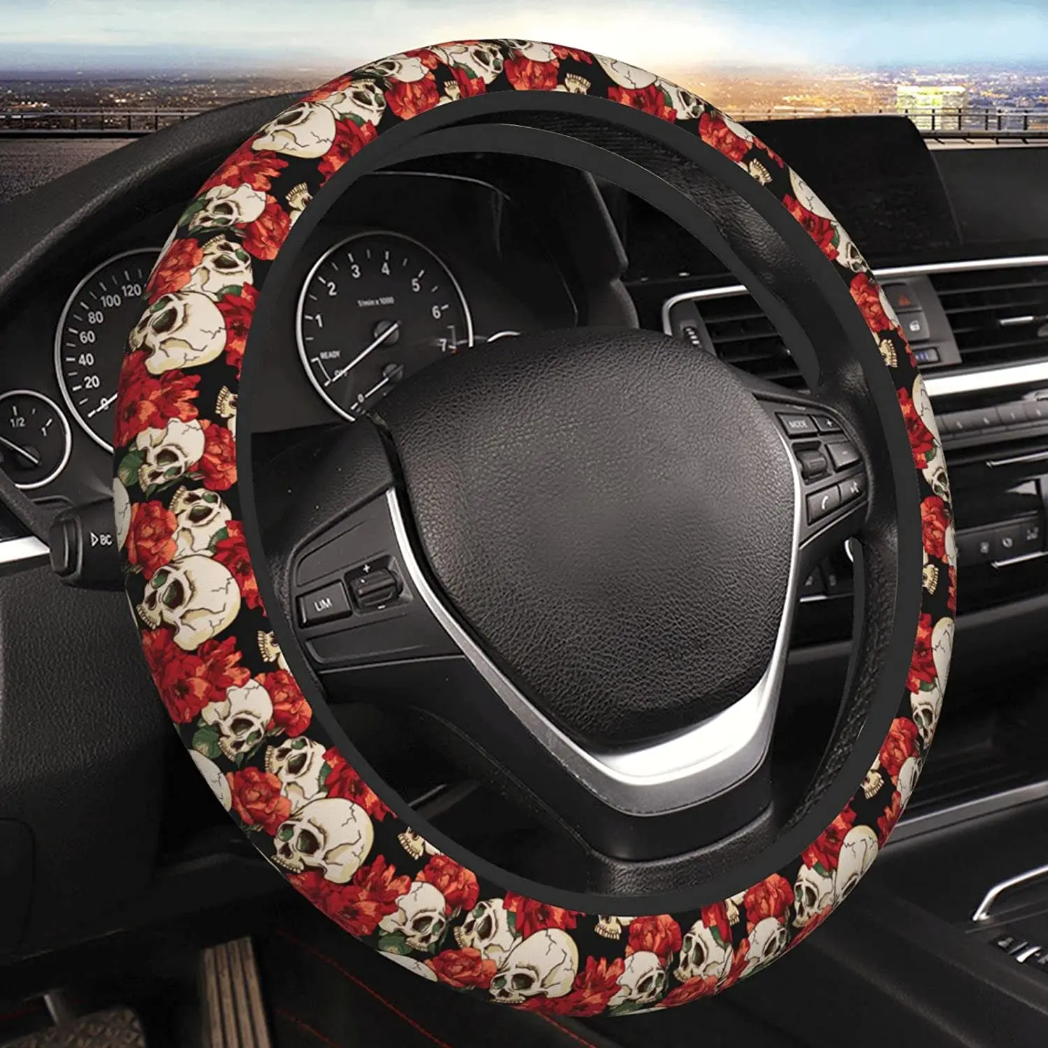 

Skull Red Flower Steering Wheel Cover Neoprene Universal 15 Inches Car Steering Wheel Protector for Women Men