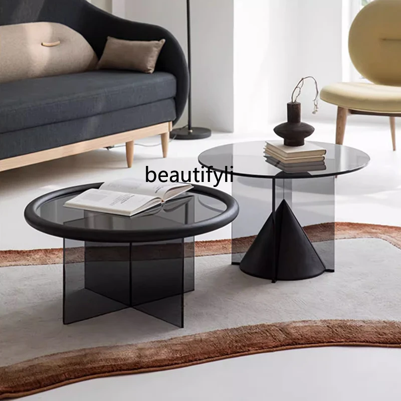 

round Tempered Glass Coffee Table Living Room Small Apartment Home Light Luxury and Simplicity Size Coffee Table Combination