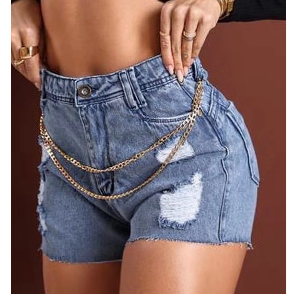 

Wepbel Summer Short Jeans Pants Women Chain Stitching Ripped Skinny Denim Shorts Chain Decor Ripped High Waist Denim Shorts
