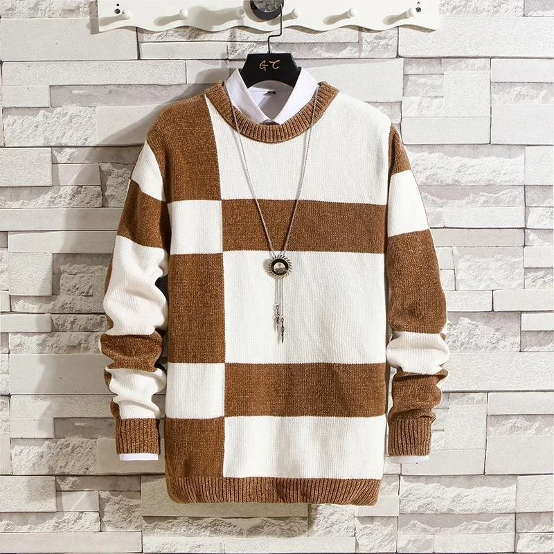 

Autumn Winter Soft Warm Knitted Chenille Sweater Men Round Neck Stripe Contrast Fashion Pullover Top Homme