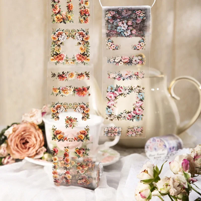 1Roll 2M PET Film Flower Painting Romantic Vintage Plant Handbook Collage European Scrapbook 60mm*2m Tape Roll Adhesive 3