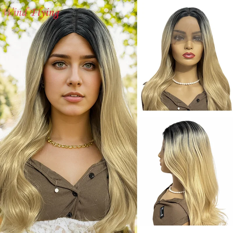 WIND FLYING Lace Wig Black Blonde Long Curly Hair Wig Head Covering for Women Long Wig with Deep Roots Synthetic Wig for Cosplay