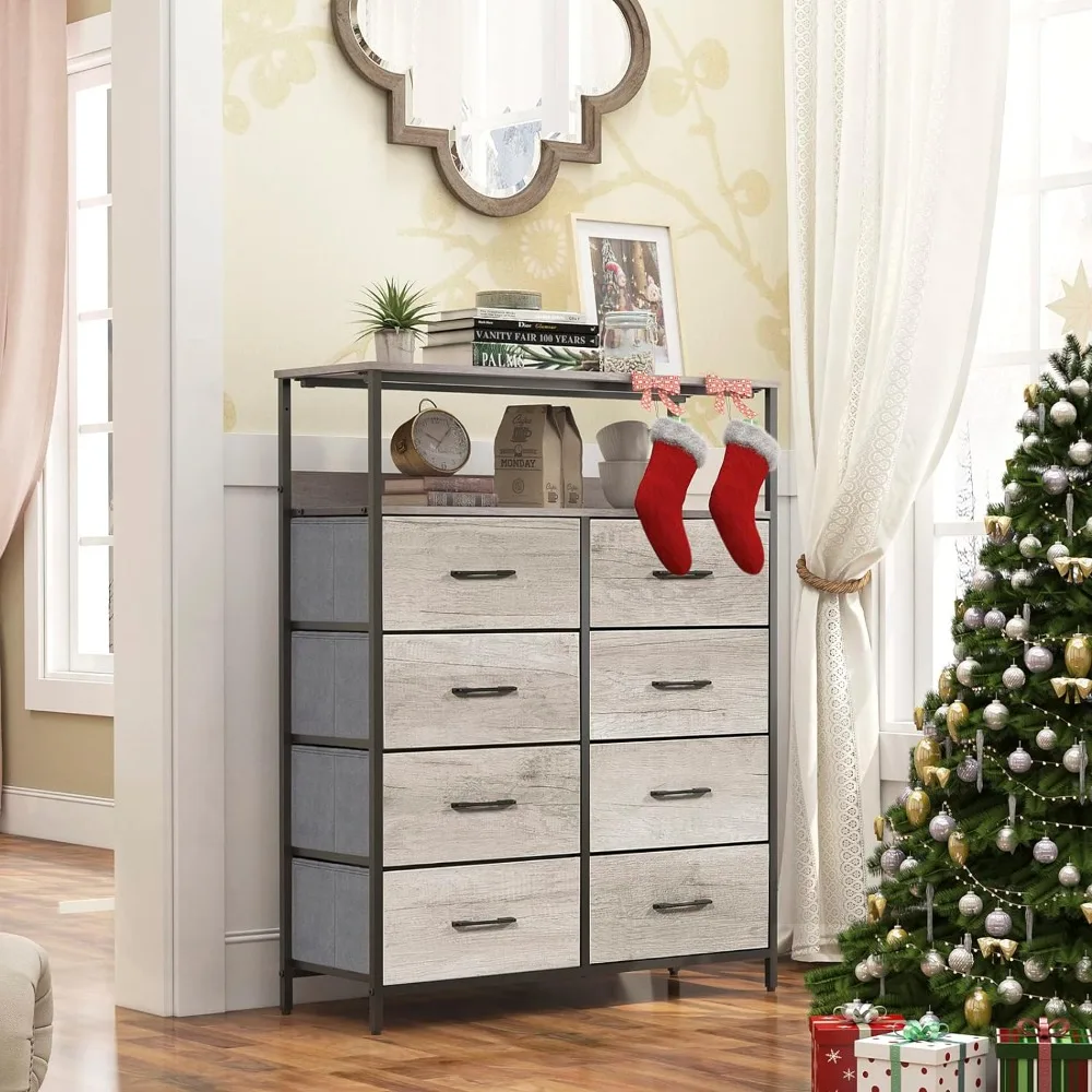 

Dresser 8 Drawers with Shelves, Fabric Drawers in Wood Veneer, Bedroom, Closet, Nursery, (grey) Dressing Cabinet