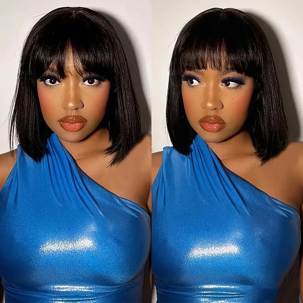 Short Bob Human Hair Wigs With Bang 13x4 Straight Transparent Lace Front Wig Geeta 4x4 Pre Plucked Lace Closure Wigs For Women