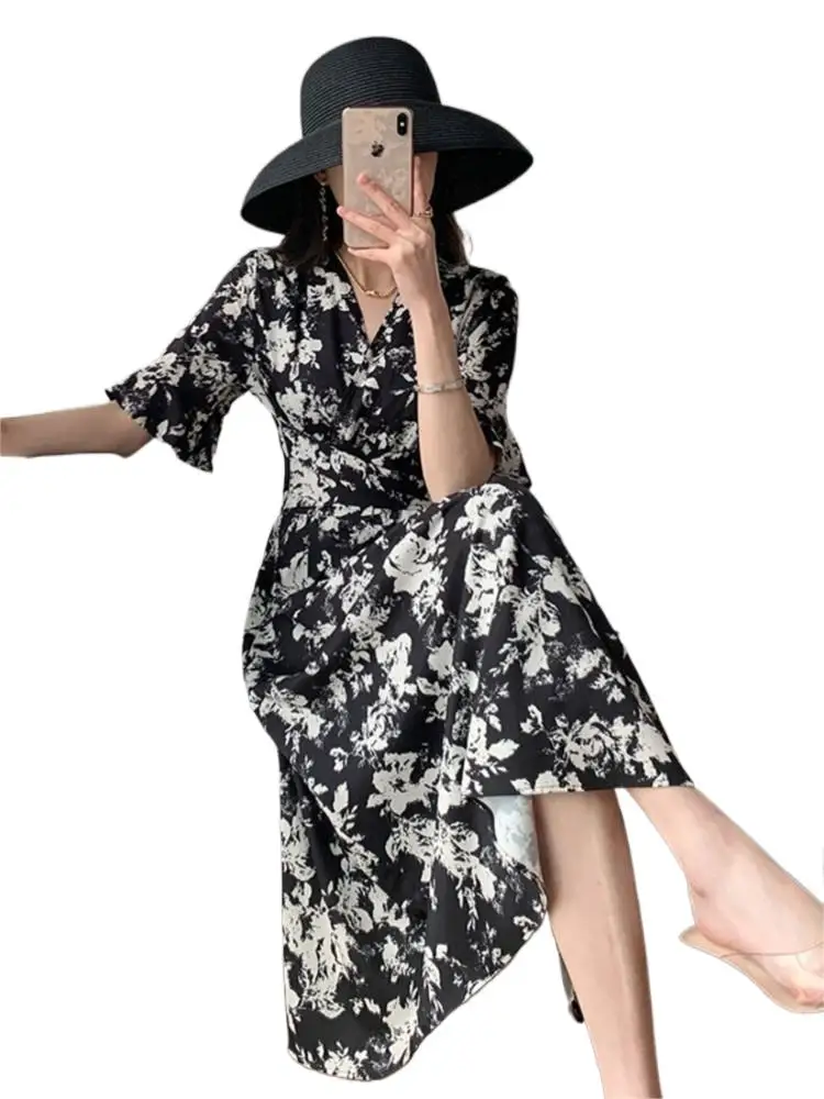 

Summer Maxi Dresses Woman Bohe Beach Party Long Dress Casual Half Sleeve Black White Print Sexy V-neck Chiffon Dress Vestidos