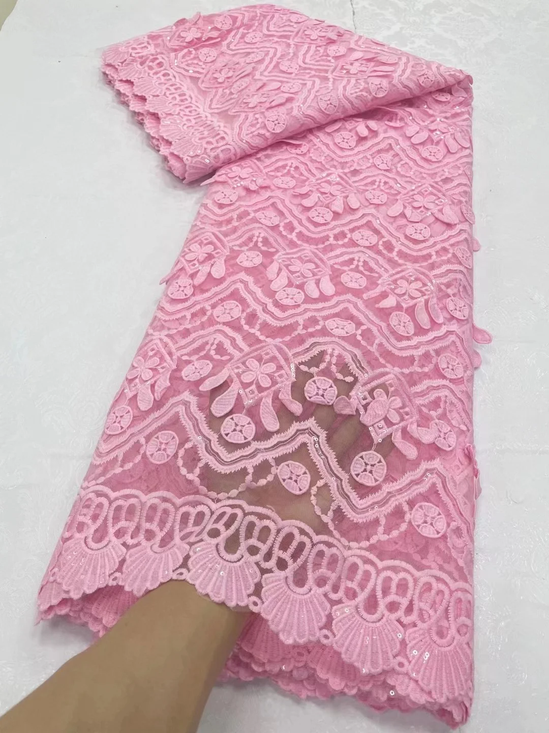 

Pink French Sequins Net Lace Fabric 2024 High Quality African Mesh Lace Fabric Nigerian Embroidery Tulle Party Lace Fabric