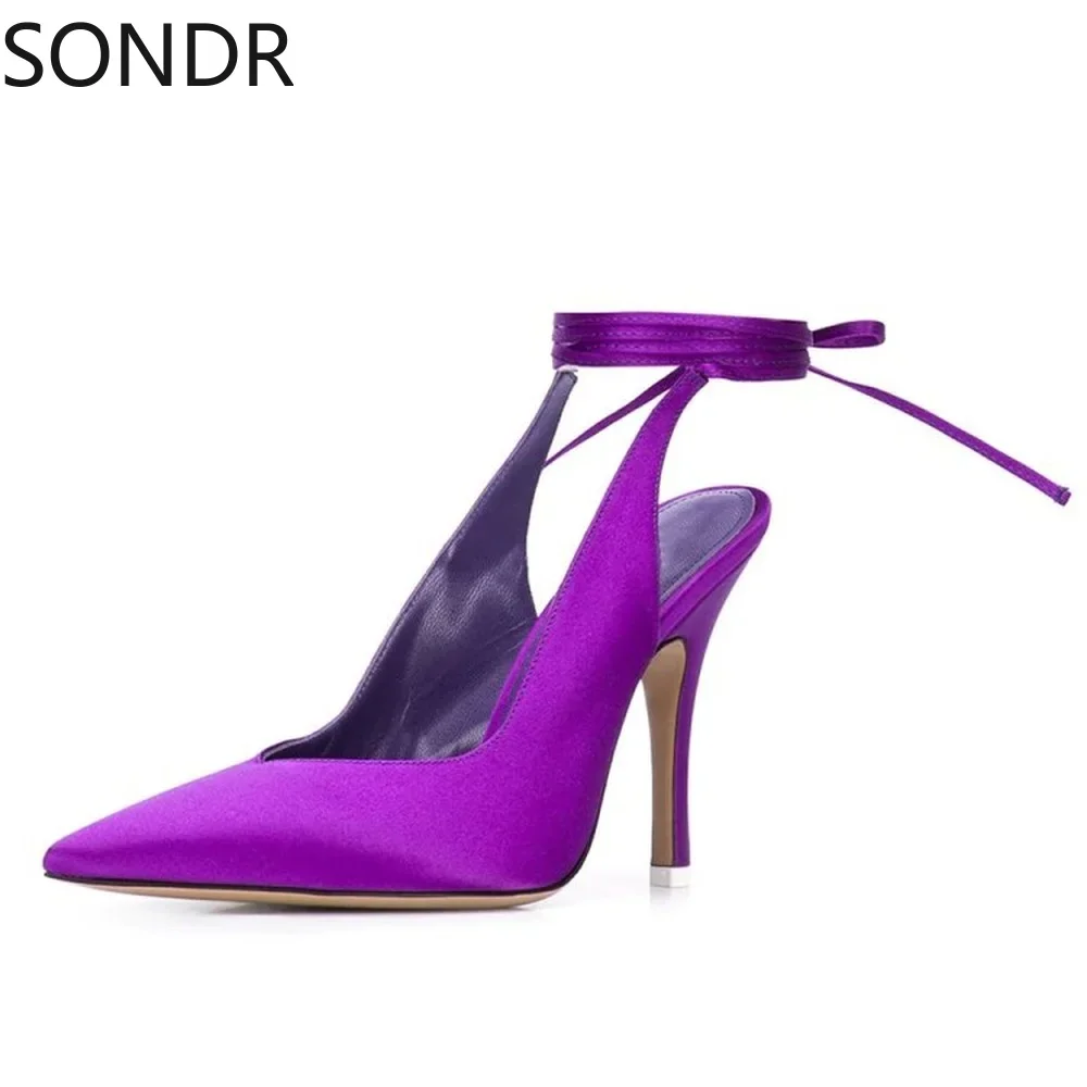 

Womens Pointy Toe Satin Silk Stilettos High Heel Slingbacks Sandals Shoes Ankle Straps Pumps Plus Size 34-46 New 10Colors 2024