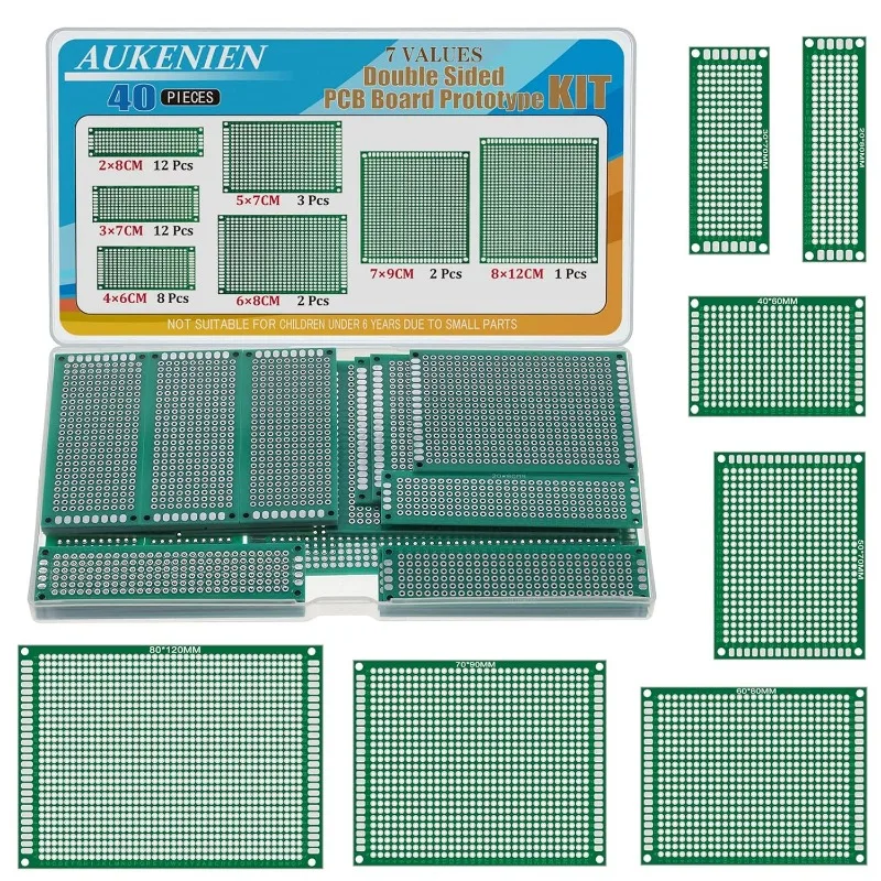 AUKENIEN 7 값 40pcs 양면 PCB 키트 2x8 3x7 4x6 5x7 6x8 7x9 8x12 Arduino DIY 납땜용 프로토타입 보드